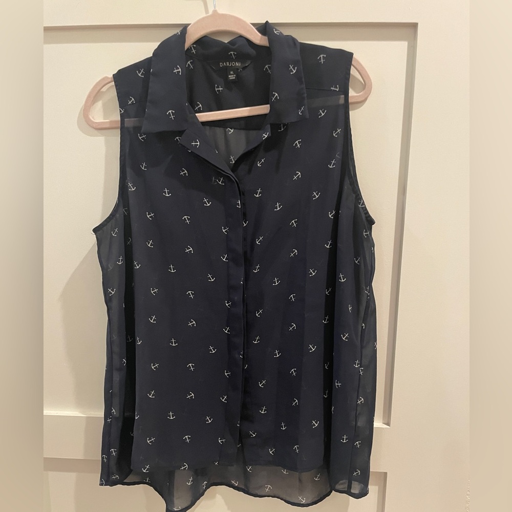 Darjoni Sheer Blouse Nautical Anchor Print XL Navy